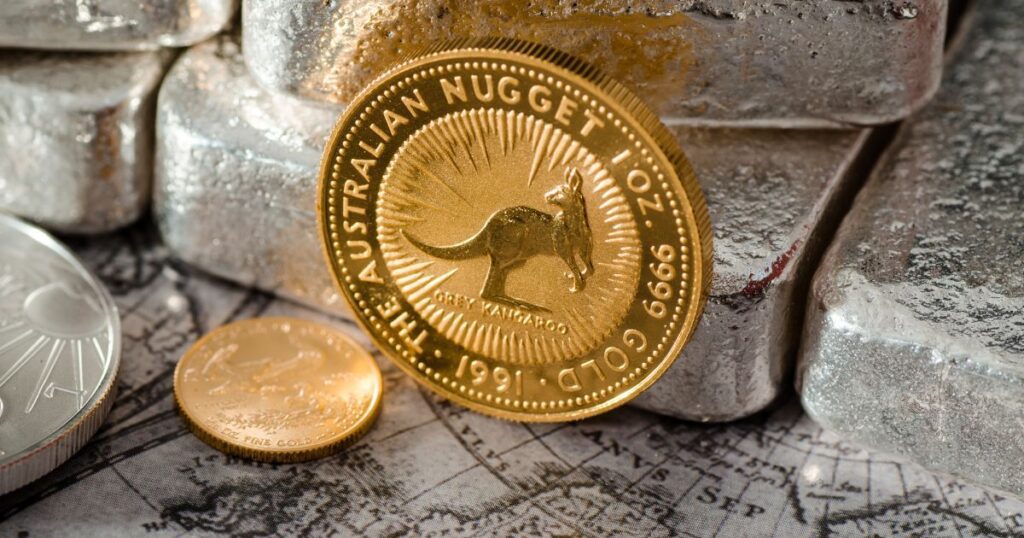 Australian Nugget gold coin - a shiny, valuable coin featuring a kangaroo design, symbolizing Australia's rich gold mining history.