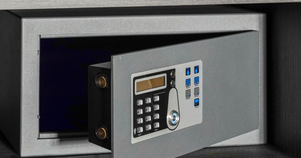 A secure safe with a keypad and electronic lock for enhanced protection of valuable items.
