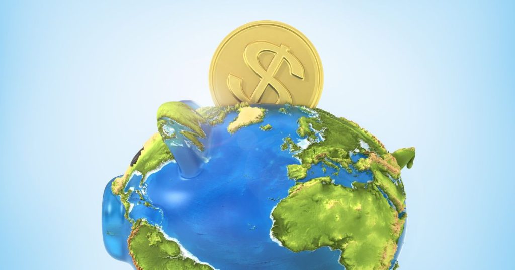 Earth with dollar coin and water on blue background. Symbolizes gold impact on the environment.